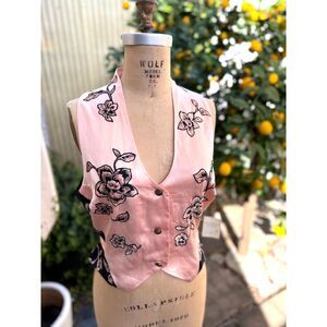 NWT VTG Victorias Secret Gold Label Satin Floral Blk & Pink 3 Button Vest Size L
